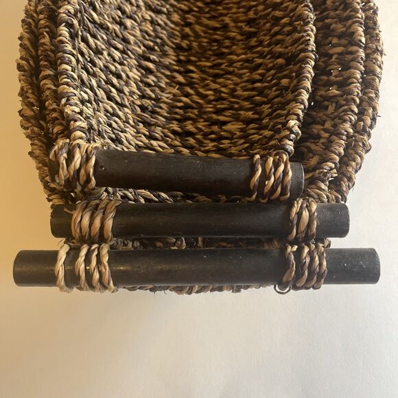 Woven Straw Baskets Oval Wood Handles Brown Nesting Set Of 3 Table Wall Rustic - Picture 2 of 16